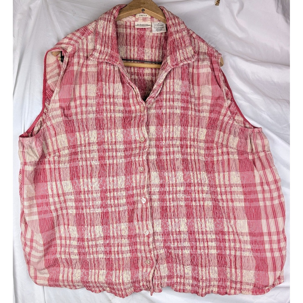 St. Johns Bay Womens 3XL Red Plaid Sleeveless Seersucker Stretch Button Up Top